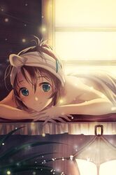  asmis bare_shoulders blush brown_hair glowing green_eyes grin lamp lowres lying on_stomach reum short_hair smile sword_girls towel 