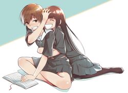  black_hair black_legwear blush book brown_hair closed_eyes eyes_closed grin hand_on_head hug hug_from_behind indian_style inu_(aerodog) long_hair multiple_girls open_mouth original pantyhose school_uniform serafuku short_hair sitting skirt smile sweatdrop 
