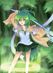  1girl blush bravespiritya breasts duel_monster green_eyes green_hair highres jacket long_hair magic_circle open_mouth ponytail skirt smile staff wynn yuu-gi-ou yuu-gi-ou_duel_monsters 
