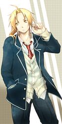  ahoge alternate_costume bad_id blonde_hair earbuds earphones edward_elric fullmetal_alchemist jacket male necktie ocosato solo yellow_eyes 