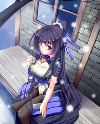  bodysuit breasts cleavage dango eating food honda_futayo kyoukai_senjou_no_horizon large_breasts pantyhose ponytail purple_eyes purple_hair sitting snowing solo takanashi-a violet_eyes wagashi 