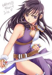  aira_(fire_emblem) armor belt black_hair breasts bridal_gauntlets cape character_name cleavage dress earrings elbow_gloves fire_emblem fire_emblem:_seisen_no_keifu gloves jewelry kuroma_(einin) long_hair purple_eyes scabbard sheath short_hair shoulder_pads side_ponytail side_slit silver_hair solo sword violet_eyes weapon 