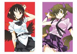  blush brown_hair cellphone checkered checkered_skirt hair_ribbon hat himekaidou_hatate katou_haruaki long_hair multiple_girls phone red_eyes ribbon shameimaru_aya short_hair skirt smile solo tokin_hat touhou twintails wink 