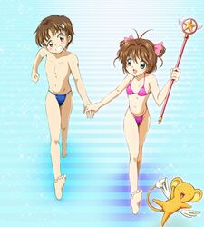  1boy 1girl bikini brown_eyes brown_hair cardcaptor_sakura couple green_eyes highleg highleg_bikini highleg_swimsuit highres hoshi_no_tsue kero kinfuji kinomoto_sakura li_xiaolang magical_girl revision short_hair speedo swimsuit twintails wand 