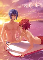  bad_id blue_hair carnelian multiple_boys red_eyes red_hair redhead shindou_sugata star_driver sunset surfboard swim_trunks tsunashi_takuto water yellow_eyes 