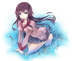  bakemonogatari blue_eyes boxcutter highres hoshineko_(kiraneko) kneeling long_hair monogatari_(series) pencil purple_hair school_uniform scissors senjougahara_hitagi stapler submerged triangle 