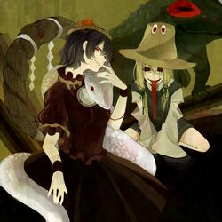  album_cover bad_id black_hair black_sclera blonde_hair cover creepy frog hat loalo long_tongue looking_at_viewer mirror moriya_suwako multiple_girls red_eyes shide shimenawa short_hair smile snake tongue tongue_out touhou yasaka_kanako 