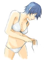  bare_shoulders bikini blue_hair breasts cleavage getting_dressed hips legs looking_down navel persona persona_4 sahen shirogane_naoto short_hair side-tie_bikini solo sweatdrop swimsuit untied 