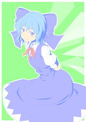  1girl blue_eyes blue_hair blush bow cirno dress hair_bow highres ice ice_wings niwatazumi ribbon short_hair smile solo touhou wings 
