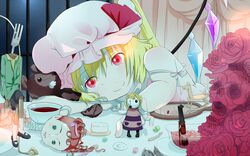  blonde_hair brush cup doll flandre_scarlet flower fork hat long_hair red_eyes rose side_ponytail smile solo stuffed_animal stuffed_toy teacup teddy_bear touhou yamada_ranga 