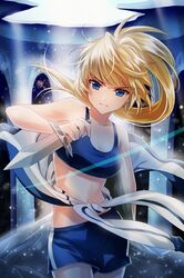  armpits bare_shoulders blonde_hair blue_eyes clenched_teeth collarbone dagger holding lowres midriff navel open_mouth ponytail reum shorts snow sports_bra sword_girls weapon 
