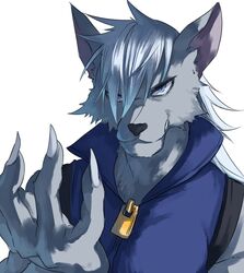  blue_eyes fingernails furry grin jonasan long_fingernails long_hair long_nails male precure smile smile_precure! solo werewolf white_background white_hair wolfrun 