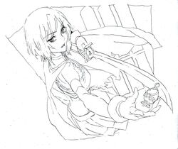  armband cape gloves graphite_(medium) magical_girl mahou_shoujo_madoka_magica miki_sayaka monochrome nobita short_hair sketch solo soul_gem sword traditional_media weapon 
