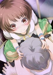  1girl between_legs blush brown_eyes brown_hair couple from_above grey_hair hand_on_head hands jacket_around_waist narukami_yuu persona persona_4 satonaka_chie school_uniform short_hair sitting_on_shoulder sitting_on_shoulders skirt sweat tamo_(tamokuteki_kuukan) tamo_space tied_sweater track_jacket wristband 
