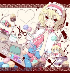  alice_margatroid blonde_hair blue_eyes blush bow cake capelet cookie cup finger_to_mouth food fruit hair_bow hairband heart kiwifruit macaron meiya_neon notebook orange pen scissors shanghai_doll short_hair sitting solo spoon strawberry sugar teapot thread touhou 