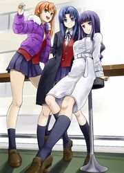  bangs blue_eyes blue_hair blunt_bangs breasts casual fur_trim hands_in_pockets kashii_nanako kawashima_ami kihara_maya legs long_hair morisu multiple_girls open_clothes open_coat open_jacket open_mouth orange_eyes orange_hair pleated_skirt purple_eyes purple_hair school_uniform skirt socks stool toradora! violet_eyes 
