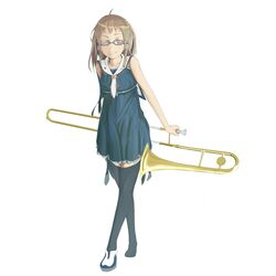  glasses grin highres instrument smile thigh-highs trombone wink zettai_ryouiki 