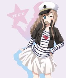  absurdres blonde_hair blue_eyes cookie food hat highres k-on! kotobuki_tsumugi listen!! long_hair mouth_hold ragho_no_erika skirt solo star wink 