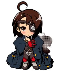  :< ahoge blush brown_hair camouflage capcom chibi eyepatch gakuran gloves highres jacket justice_gakuen kazama_akira knee_pads rival_schools rival_schools:_united_by_fate school_uniform shiritsu_justice_gakuen short_hair simple_background skull solo usuiken white_background 