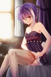  armpits bare_shoulders blush curtains frilled_skirt gradient_hair holding lowres multicolored_hair open_mouth purple_hair red_eyes reum sitting smile sparkle star sword_girls thigh-highs thighhighs white_hair window 