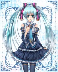 1girl aqua_eyes aqua_hair bow detached_sleeves dress frills garters hair_bow hair_ribbon hatsune_miku highres long_hair necktie ribbon siyusiyu13 solo thighhighs twintails very_long_hair vocaloid