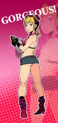  1girl ass black_hair blonde_hair blue_eyes book braid double_bun high_heels jojo_no_kimyou_na_bouken kuujou_jolyne legs midriff multicolored_hair nanboku plump shoes shorts solo thighgs two-tone_hair zoom_layer 