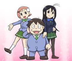  2girls :d accel_world antenna_hair arita_haruyuki black_hair black_legwear blazer bowtie brown_hair doraemon fat fujiko_f_fujio_(style) hair_ornament kurashima_chiyuri kuroyukihime long_hair multiple_girls necktie open_mouth pantyhose parody school_uniform serafuku short_hair skirt smile style_parody ueyama_michirou 