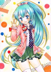  1girl aqua_eyes aqua_hair hatsune_miku headphones headphones_around_neck long_hair marker_(medium) my_(mylilla811) necktie open_mouth pastel_(medium) ponytail solo thigh-highs traditional_media very_long_hair vocaloid watercolor_pencil_(medium) 