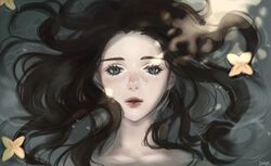  1girl black_hair blue_eyes days0047 freckles lips long_hair original partially_submerged solo water 