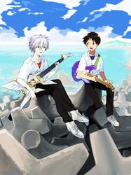  2boys beach blue_eyes brown_hair clouds electric_guitar grey_hair guitar hosaka_dx ikari_shinji instrument multiple_boys nagisa_kaworu neon_genesis_evangelion red_eyes sitting smile water 