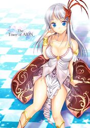  aion blue_eyes blush breasts character_request checkered checkered_floor hair_ornament light_smile long_hair shigemiya_kyouhei silver_hair solo title_drop 
