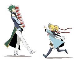  animal_ears blonde_hair carrying catgirl0926 child copyright_request green_hair open_mouth ribbon short_hair simple_background smile white_background 