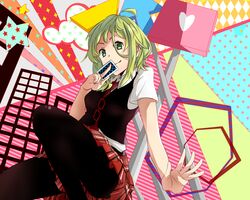  :q ahoge black_legwear glasses green_eyes green_hair gumi kanata looking_at_viewer necktie pantyhose plaid plaid_skirt school_uniform setsuna_trip_(vocaloid) short_hair skirt smile solo tongue vocaloid 