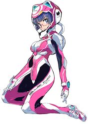  black_eyes black_hair bodysuit chiaki_kurihara glasses gloves helmet matsumoto_noriyuki miniskirt_pirates pink-framed_glasses sitting solo spacesuit 