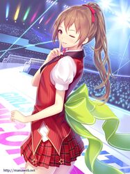  bow brown_eyes brown_hair finger_to_mouth ilog mana_kakkowarai nakagawa_miru official_art original plaid plaid_skirt ponytail skirt solo stage star watermark web_address wink 