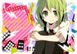  black_legwear green_eyes green_hair gumi ichinose_yukino leg_hug looking_at_viewer necktie pantyhose setsuna_trip_(vocaloid) sitting smile solo vocaloid 