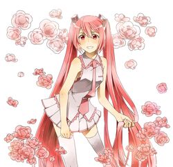  catgirl0926 flower hatsune_miku highres long_hair pink_eyes pink_hair sakura_miku smile solo thigh-highs thighhighs twintails very_long_hair vocaloid 