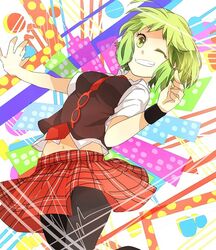  ahoge bad_id black_legwear glasses green_eyes green_hair grin gumi hibiya looking_at_viewer navel necktie pantyhose plaid plaid_skirt school_uniform setsuna_trip_(vocaloid) shoes short_hair skirt smile solo vocaloid wink 