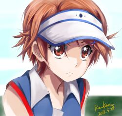  aizawa_natsumi brown_eyes brown_hair hair_ornament hairclip kem_kem natsuiro_kiseki orange_eyes orange_hair portrait short_hair sleeveless solo sportswear tennis_uniform visor visor_cap 