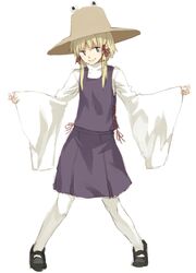 1girl benitama blonde_hair blush hat looking_at_viewer moriya_suwako ribbon short_hair smile solo thigh-highs touhou 