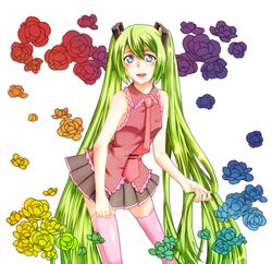  bando_eiji blue_eyes blush catgirl0926 colored flower green_hair hatsune_miku miyako_(bando_eiji) necktie pink_legwear skirt smile solo thigh-highs thighhighs vocaloid 