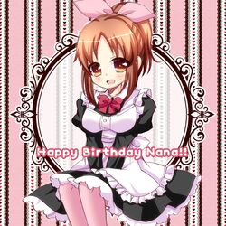  1girl abe_nana apron blush bow happy_birthday idolmaster idolmaster_cinderella_girls long_sleeves mero-n_usagisan open_mouth orange_eyes orange_hair ponytail puffy_sleeves short_hair solo 