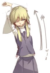  1girl benitama blonde_hair moriya_suwako short_hair smile solo stretch touhou wink 
