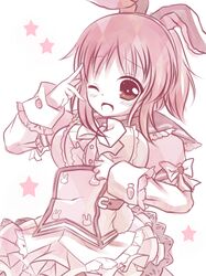  1girl abe_nana animal_ears blush bow carrot idolmaster idolmaster_cinderella_girls long_sleeves mero-n_usagisan monochrome open_mouth ponytail puffy_sleeves rabbit rabbit_ears short_hair solo star v wink 