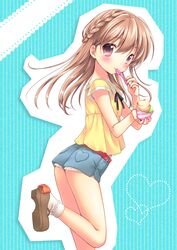  blush braid brown_hair food heart holding ice_cream leg_up looking_at_viewer mani mary_janes nail_polish original panty_peek pink_eyes shoes short_shorts shorts solo spoon striped striped_background usashiro_mani vertical_stripes 