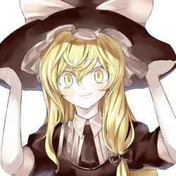  1girl adjusting_hat ascot blonde_hair bust dress_shirt hat kirisame_marisa kozou_(soumuden) long_hair shirt smile solo touhou yellow_eyes 