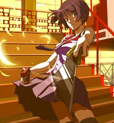  blue_eyes boxcutter hakajiku monogatari_(series) necktie purple_hair school_uniform senjougahara_hitagi short_hair skirt solo stairs stapler thigh-highs thighhighs 