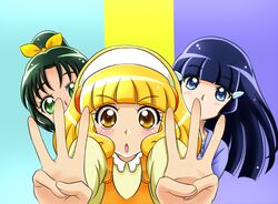  aoki_reika blonde_hair blue_eyes blue_hair blush color_connection covered_mouth green_eyes green_hair hair_ribbon hair_tubes hairband hidden_mouth kise_yayoi long_hair midorikawa_nao multiple_girls open_mouth parody ponytail precure ribbon short_hair smile_precure! yamahige yellow_eyes yes!_precure_5 
