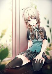 :o ahoge ascot black_legwear blurry bowtie braid breasts brown_hair depth_of_field emblem flower highres large_breasts leaf long_hair mirunai mole no_shoes on_floor open_mouth original parted_lips plaid plaid_skirt pleated_skirt purple_eyes school_uniform signature sitting skirt solo thigh-highs thighhighs twin_braids vest violet_eyes wariza watermark 
