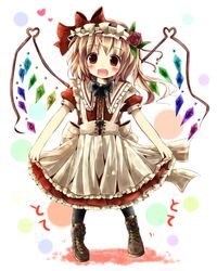  :d alternate_costume black_legwear blonde_hair blush boots dress flandre_scarlet flower hair_flower hair_ornament hairband highres kazura open_mouth red_eyes smile solo touhou wings 